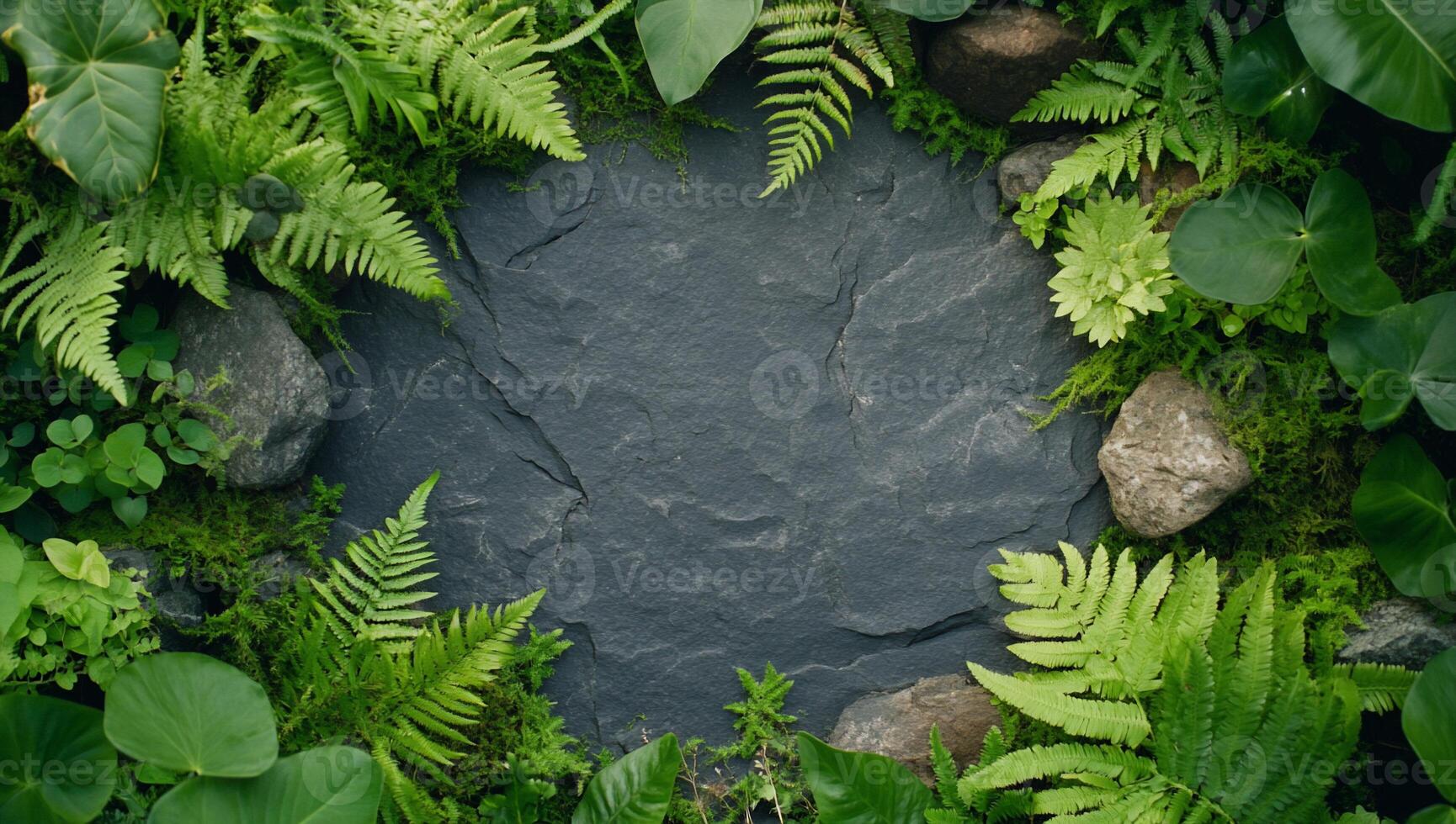A serene stone surface surrounded by lush green foliage and rocks. photo