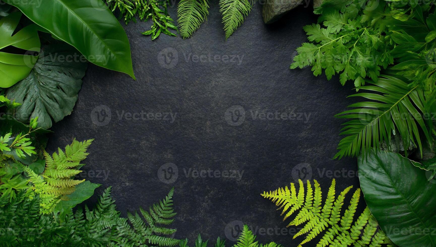 A dark stone surface framed by various lush green leaves. photo