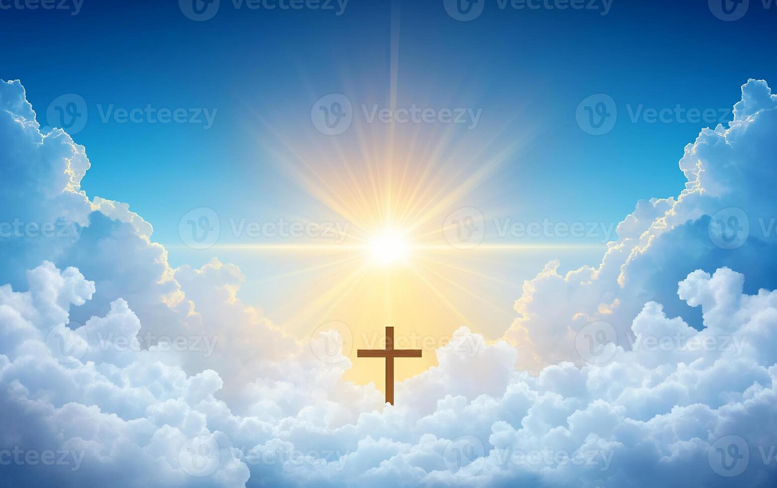 A radiant sky with clouds and a cross symbolizing hope and faith. photo