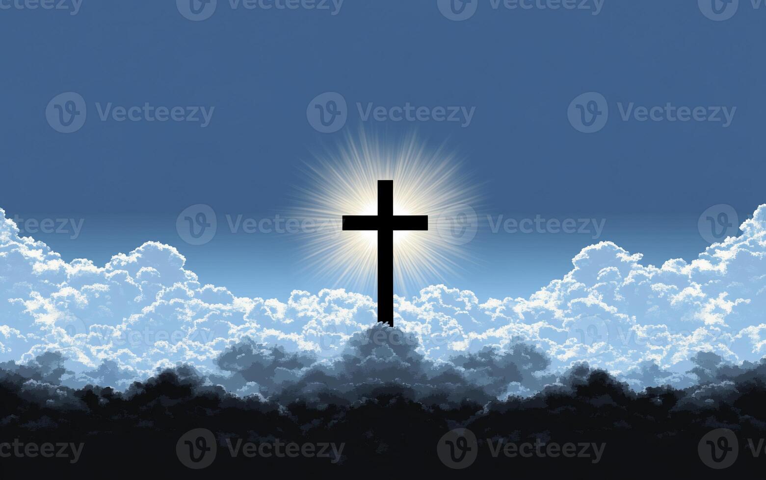 A silhouetted cross against a backdrop of clouds and light. photo