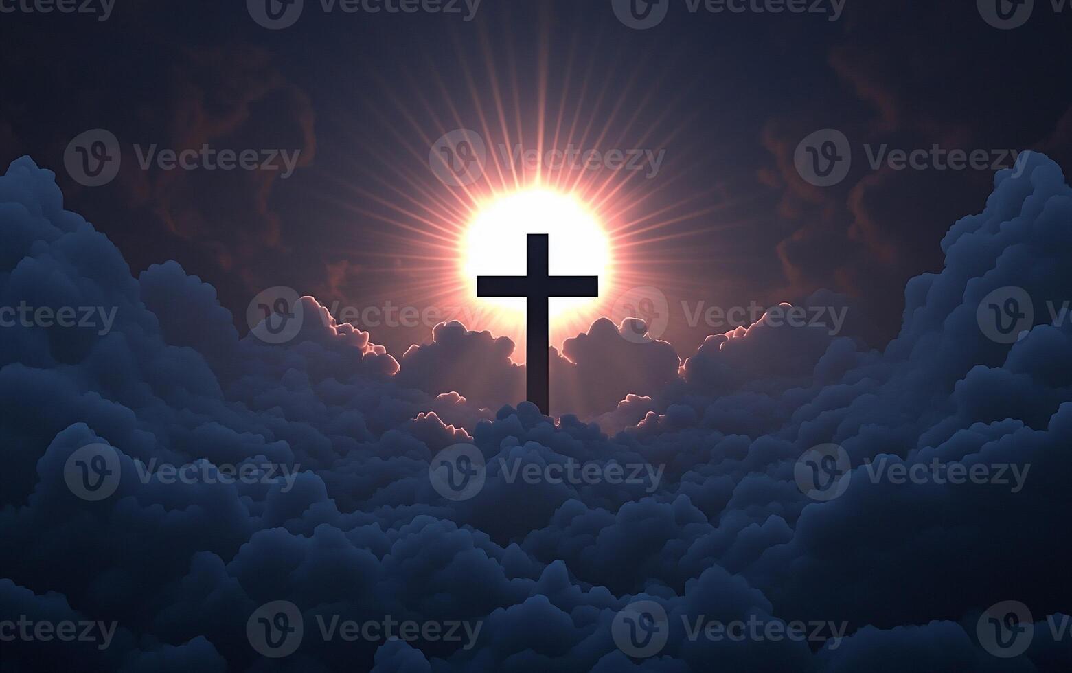 A silhouette of a cross against a radiant sunrise in a cloudy sky. photo
