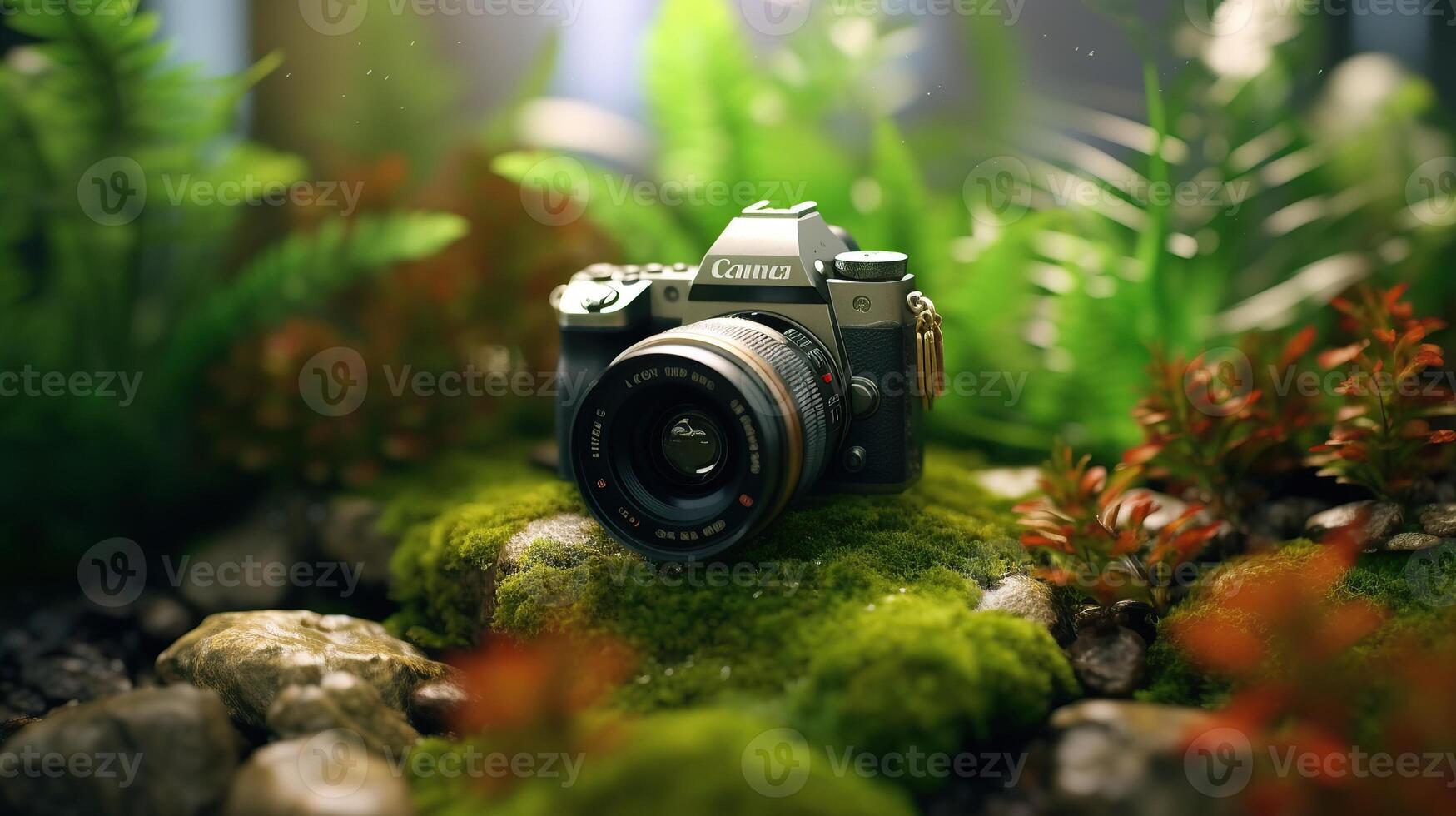A camera sitting on top of a moss covered rock photo