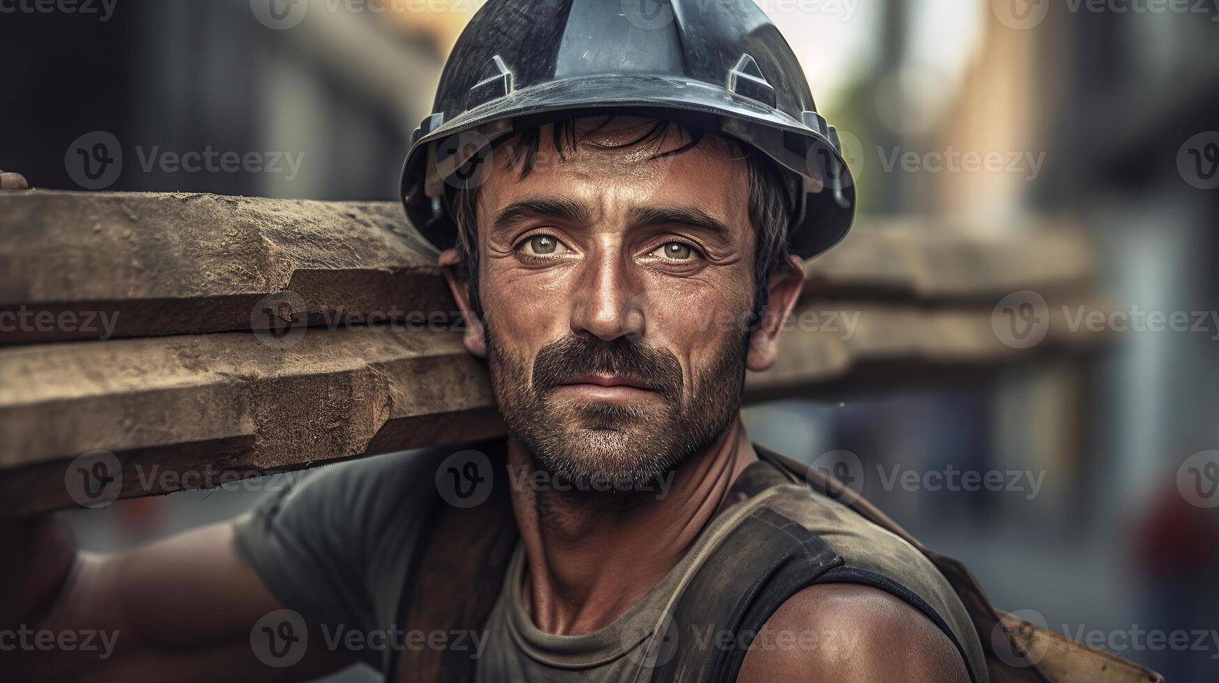 A man in a hard hat carrying a large log photo