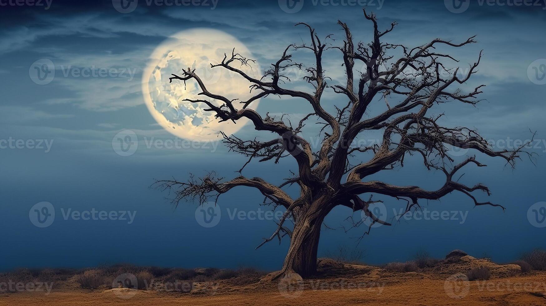 A dead tree in the desert with a full moon photo