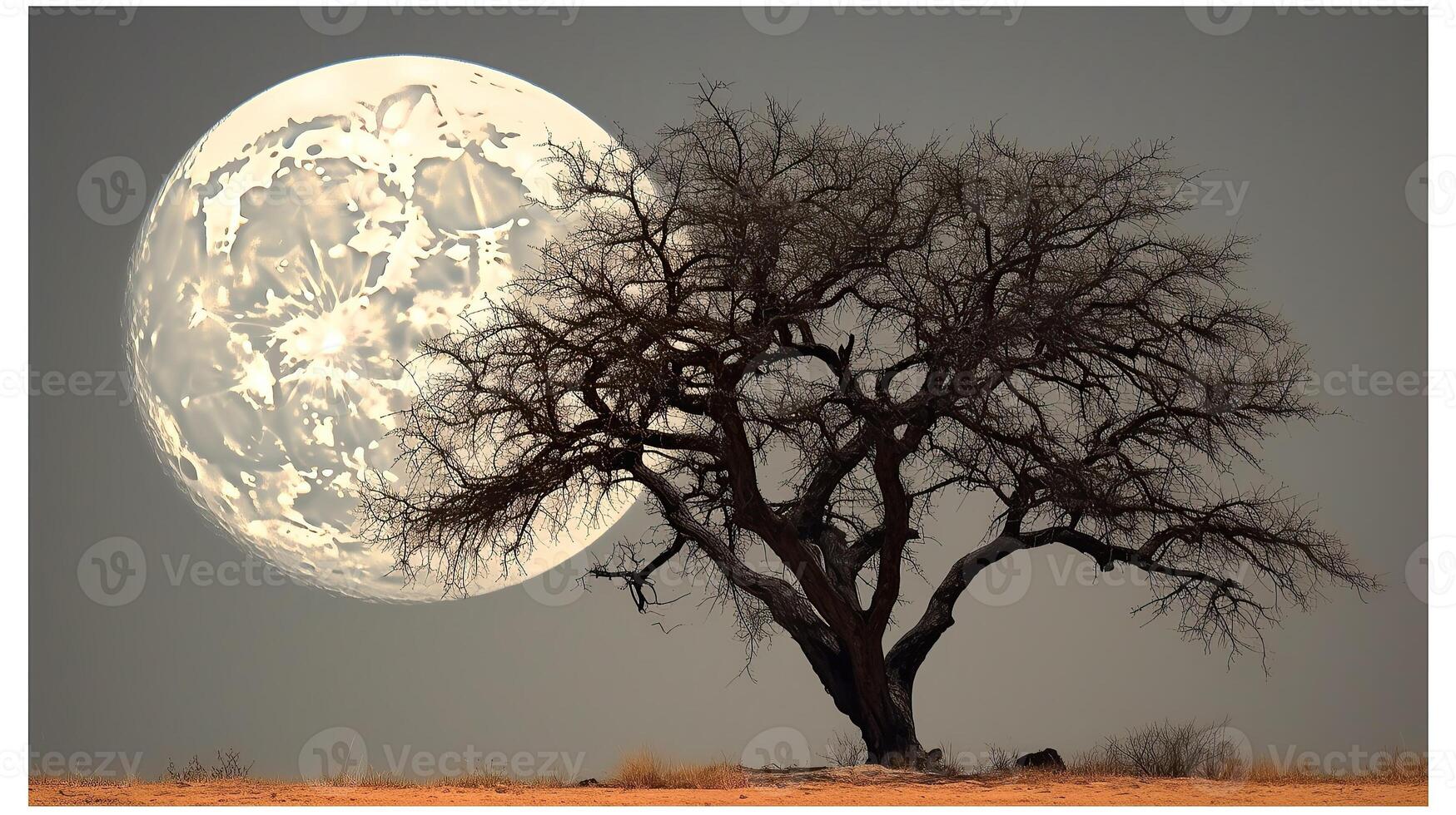 A lone tree in the desert with a full moon photo