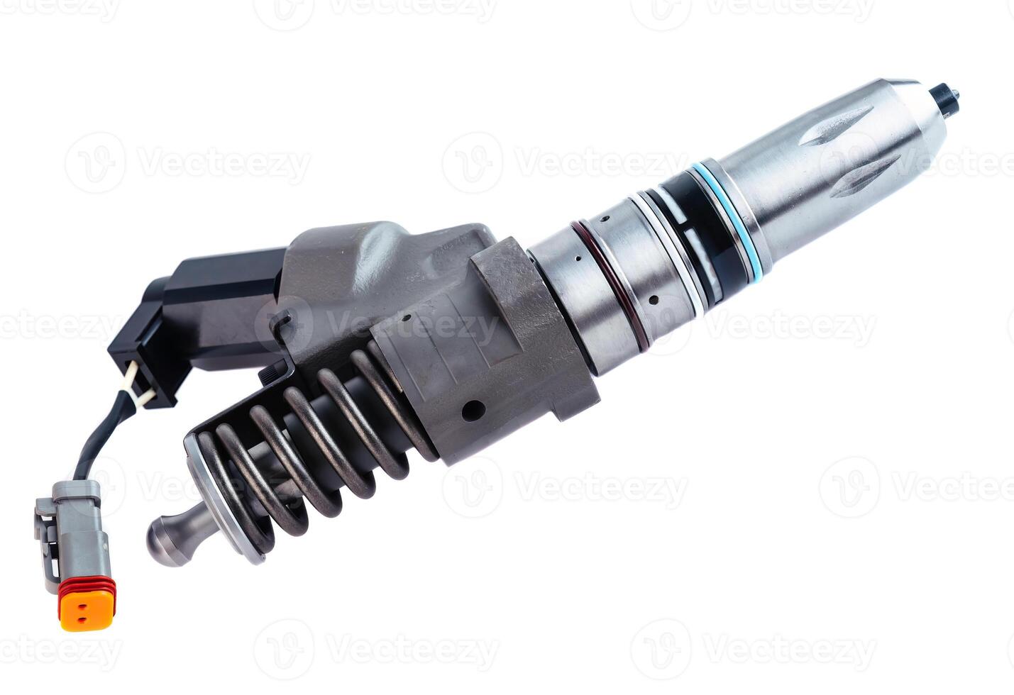 New fuel injector with wire on white background close up photo