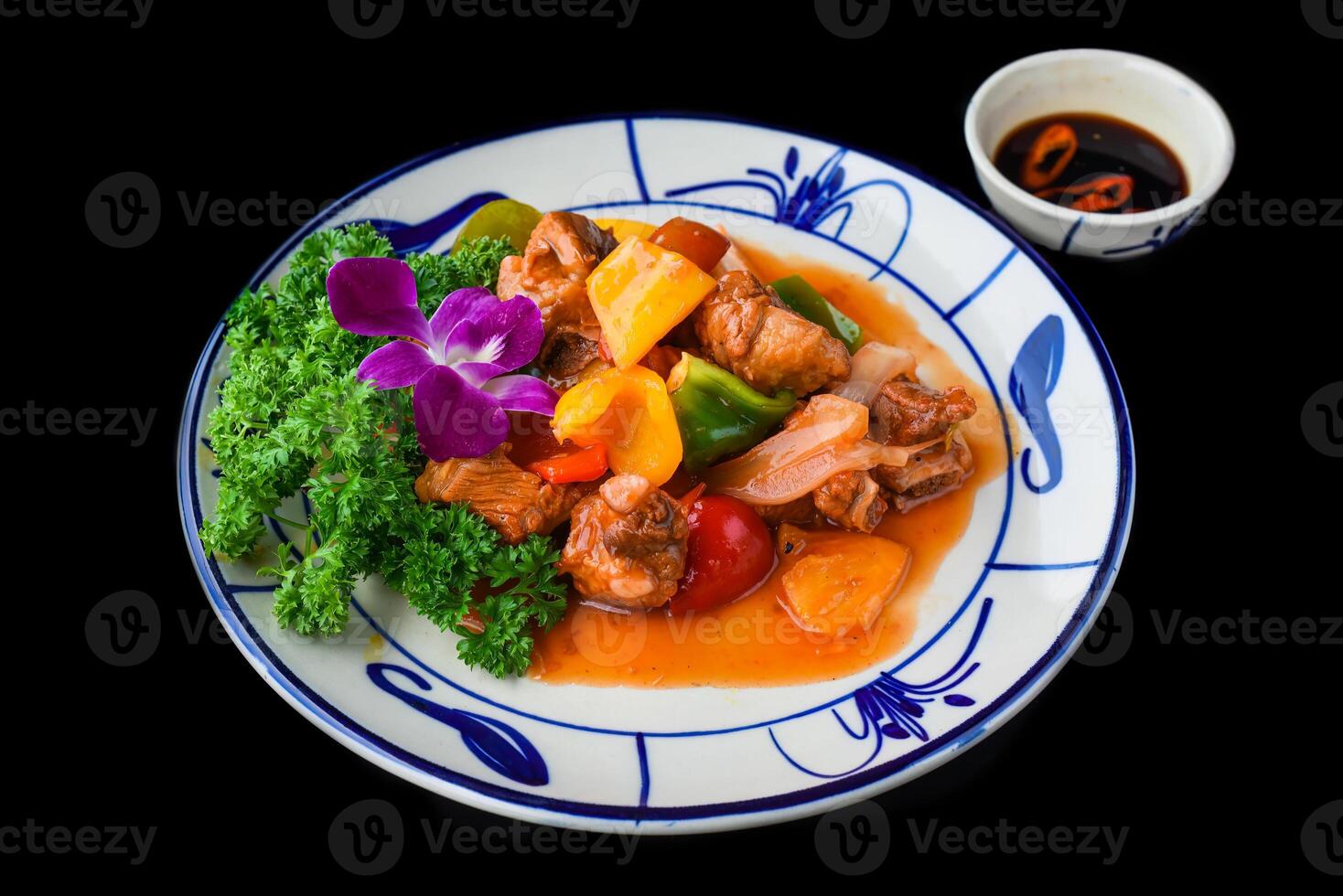 Satay fried beef with with pepper in vietnamese style for a menu photo