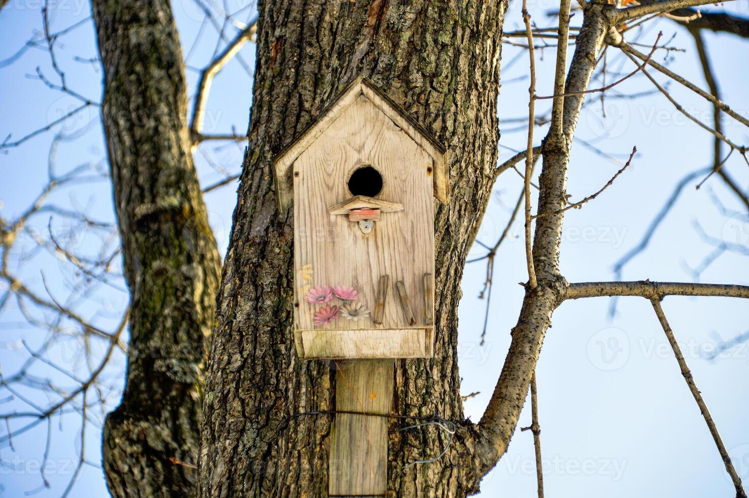 Wooden bird house with flowers. It hanging on the tree on sky background. Front view photo