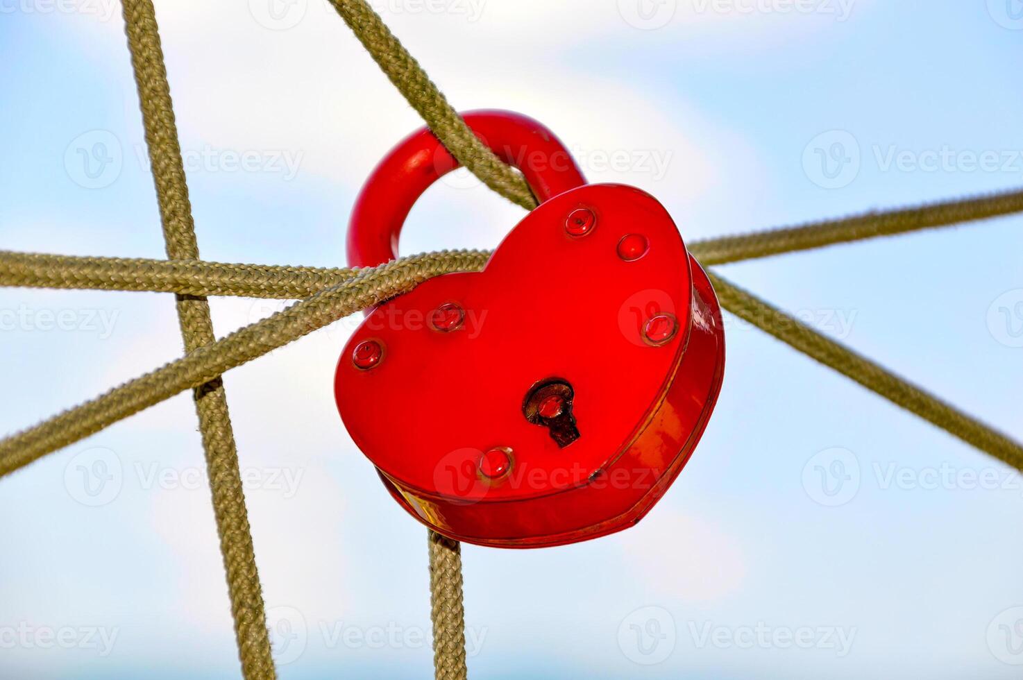 Red heartshaped padlock hanging on the ropes on green background photo