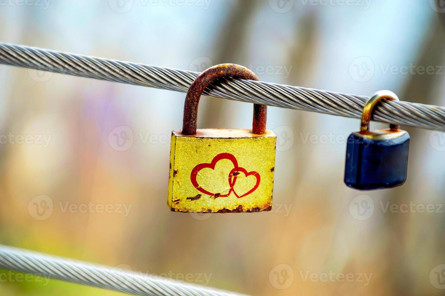 Old rusty yellow padlock with two hearts hanging on a metal fence next to small usual padlock outdoors photo