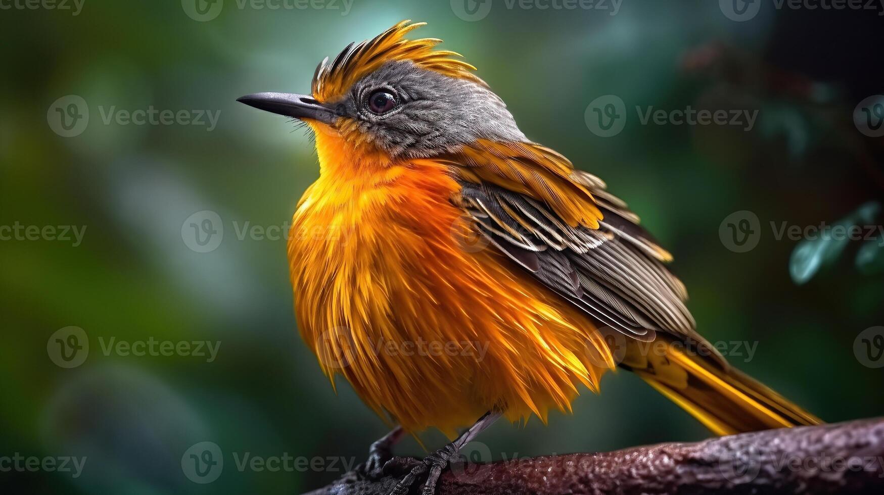 A small orange bird with a mohawk sitting on a branch photo