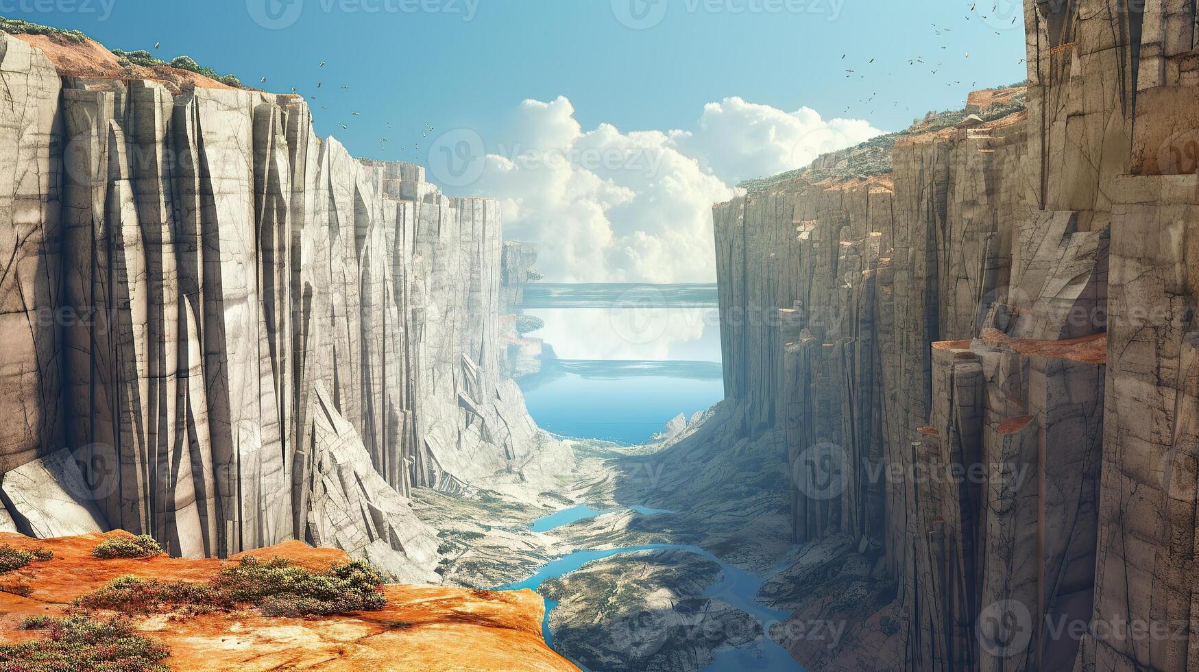 A canyon with a river flowing through it photo