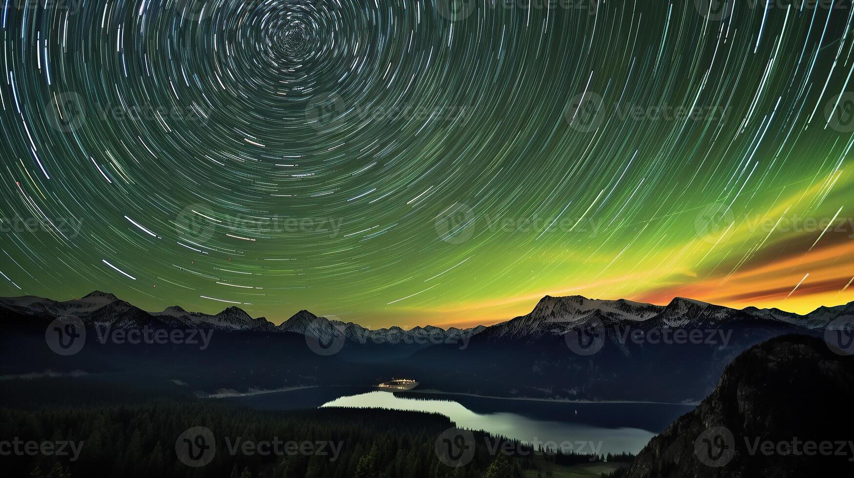 The aurora borealis over the mountains and lake photo