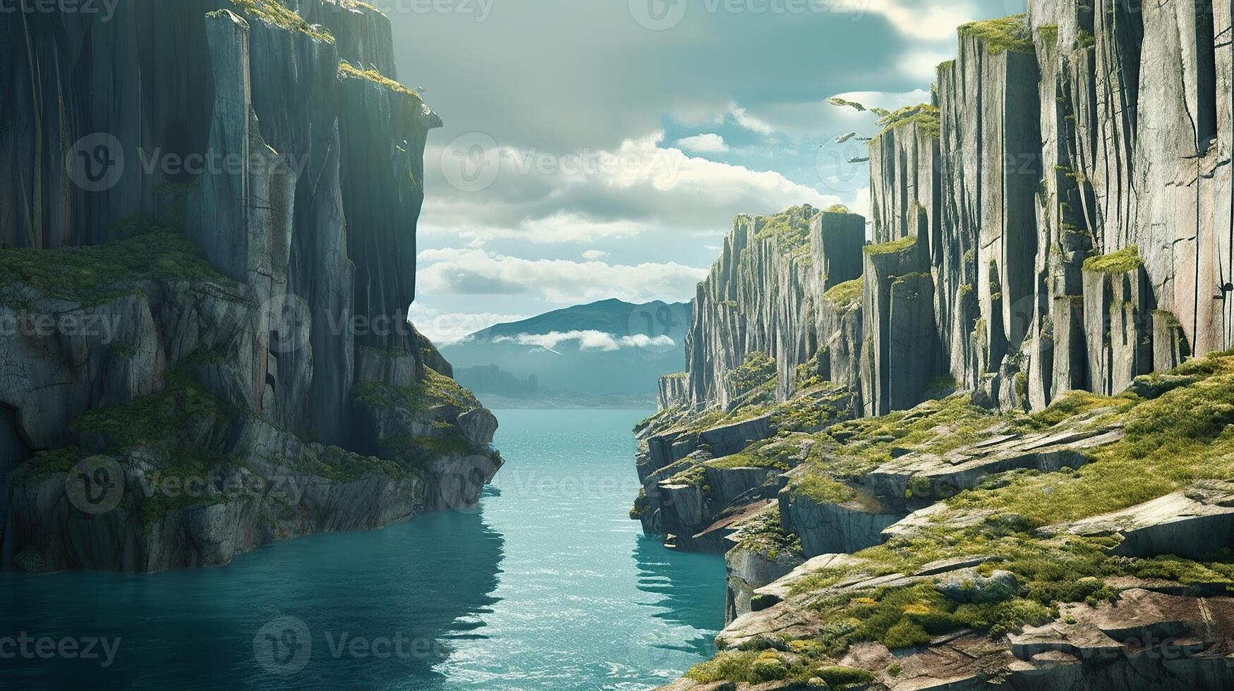 A scene of a river and cliffs with water photo