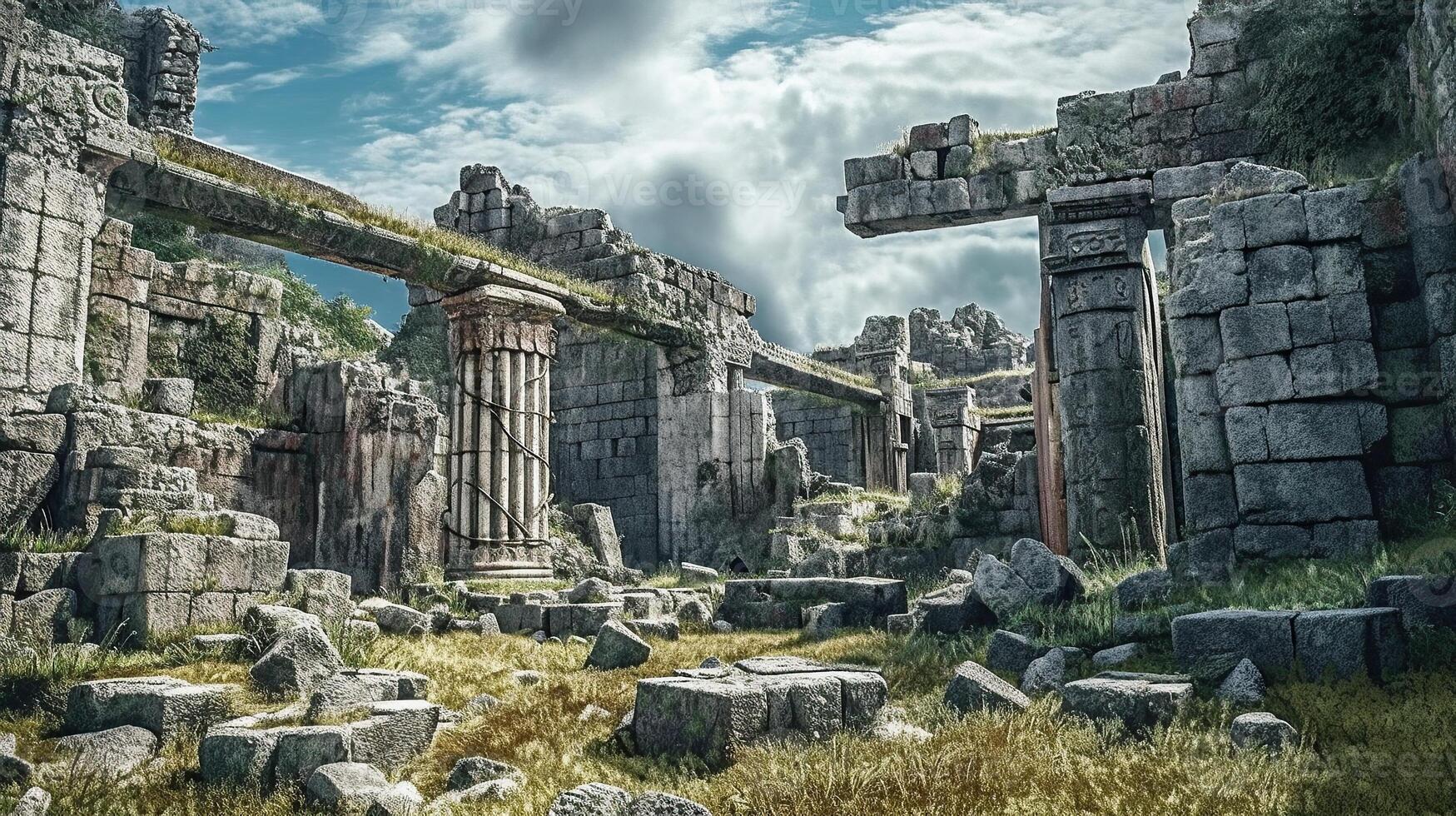 An ancient ruin with stone pillars and grass photo
