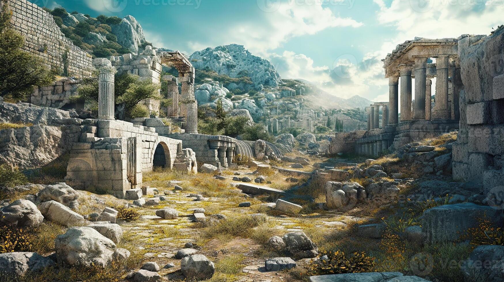 The ruins of a city in the middle of the desert photo