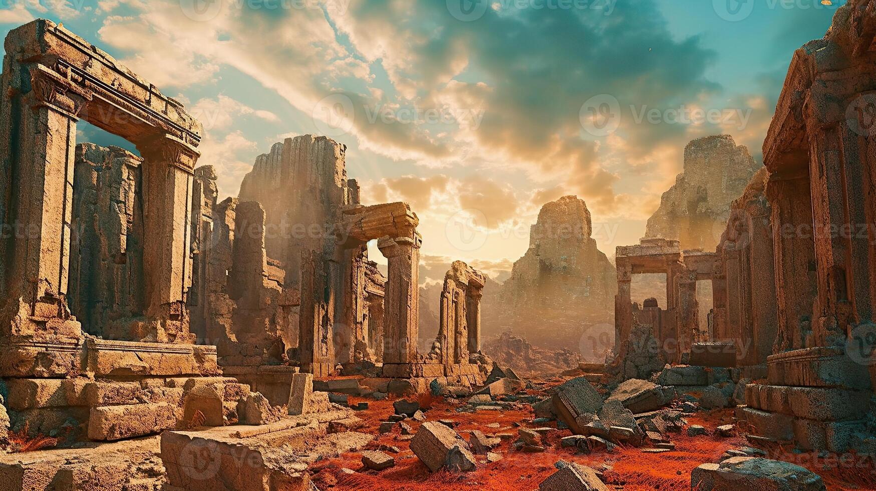 Ancient ruins in the desert with a sun setting photo