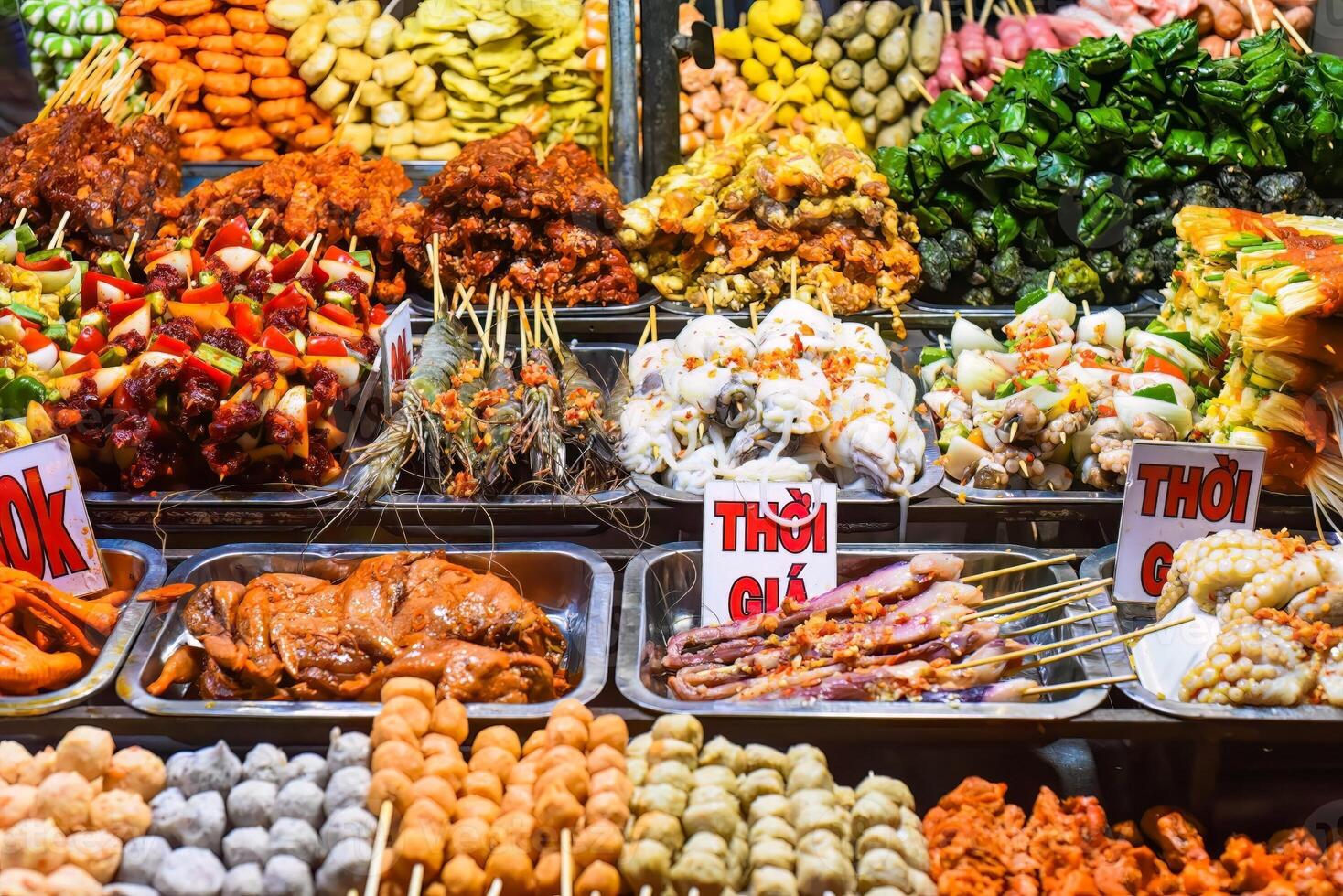 Many snacks and seafood in vietnamese night market with signs with vietnamese text time, price translation photo
