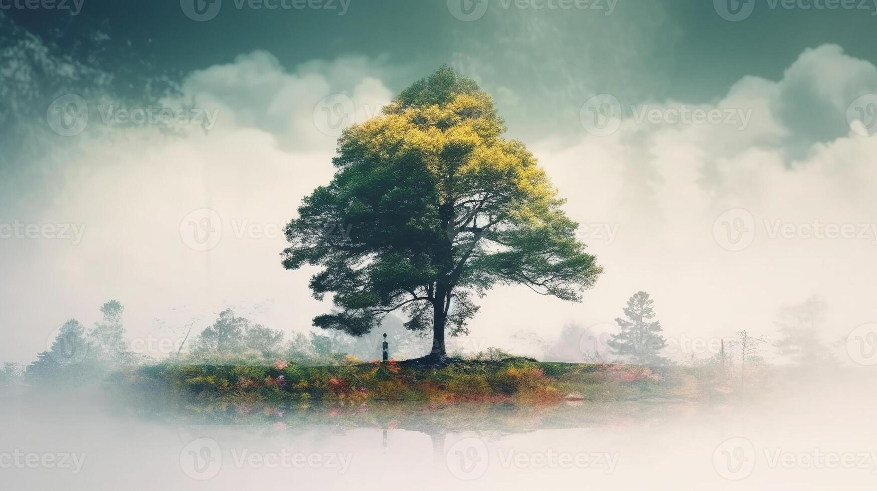 A tree is standing on an island surrounded by fog photo