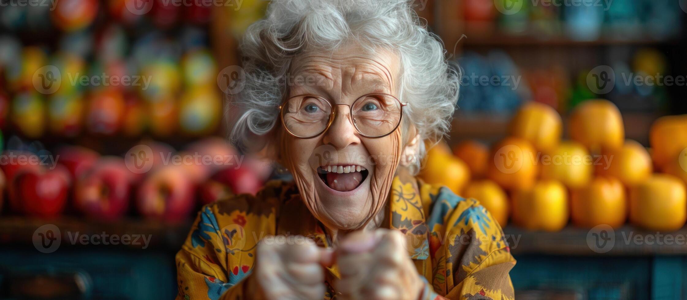 An elderly woman is smiling and making a fist photo
