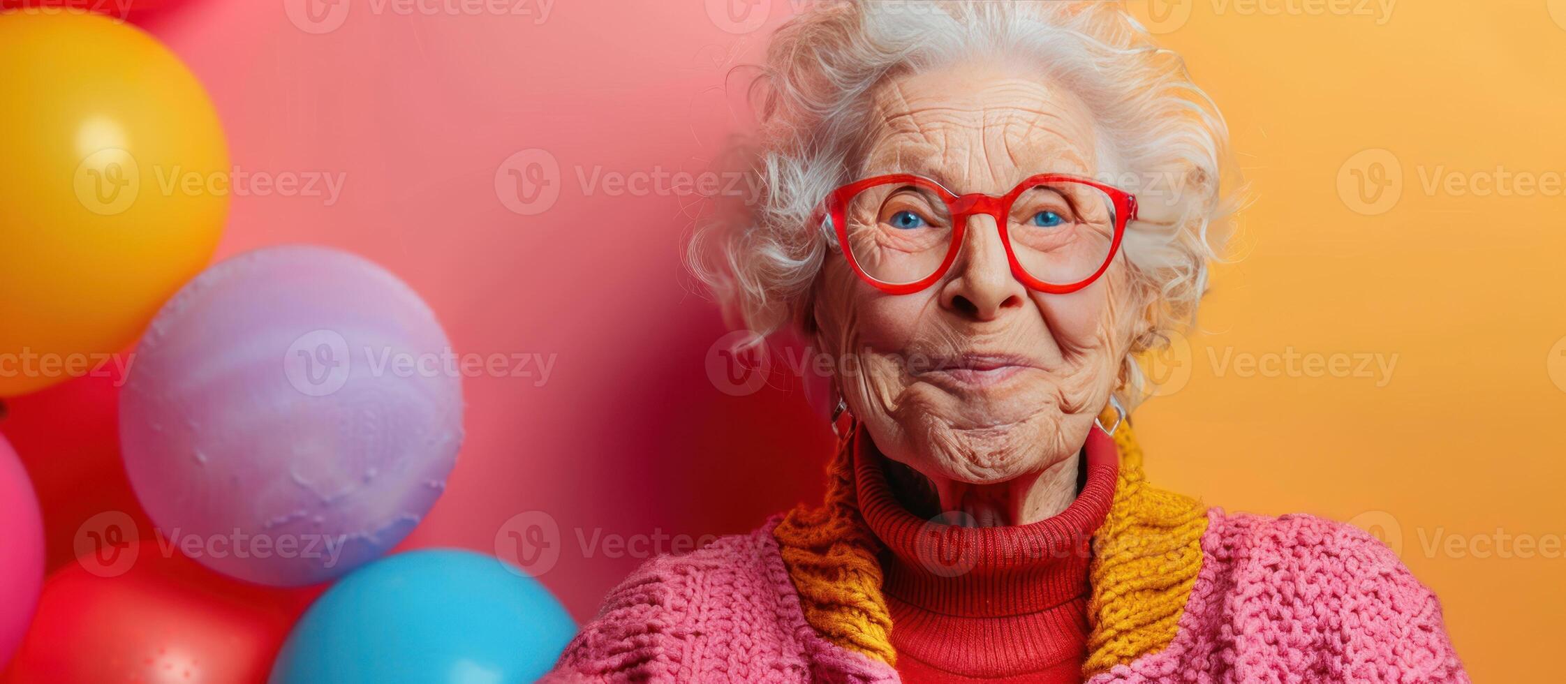 An elderly woman wearing glasses and a pink sweater is surrounded by colorful balloons photo