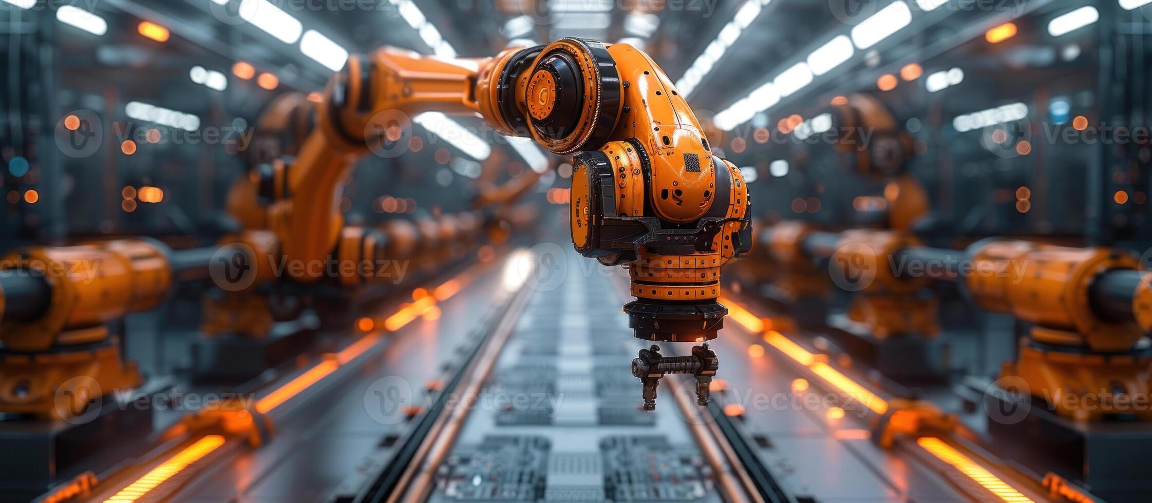 A robot is walking down a track in a factory photo