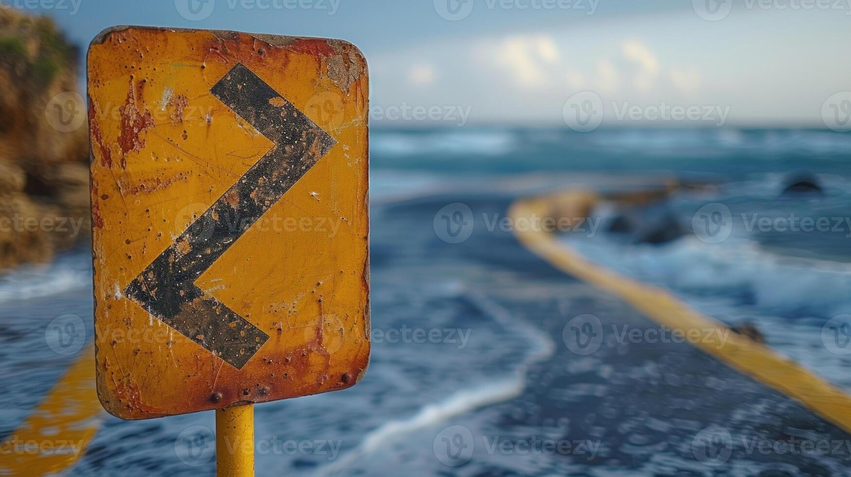 A yellow sign with an arrow pointing to the ocean photo
