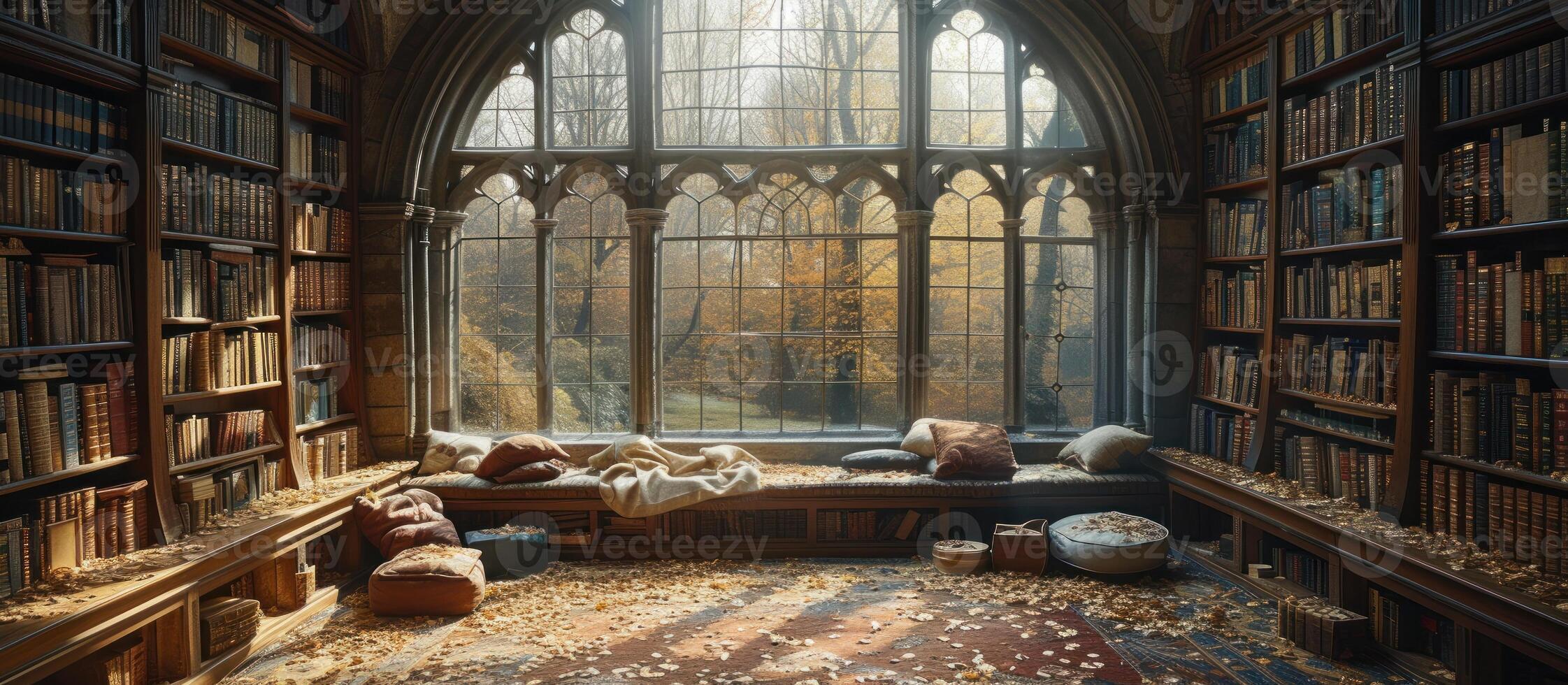 A library with a window and lots of books photo