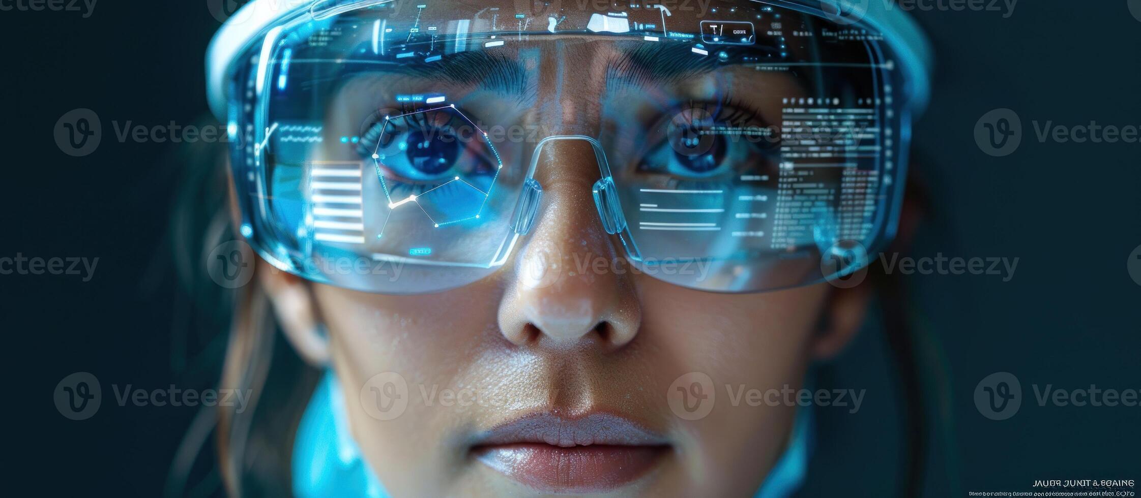 A woman wearing futuristic glasses and a white hat photo
