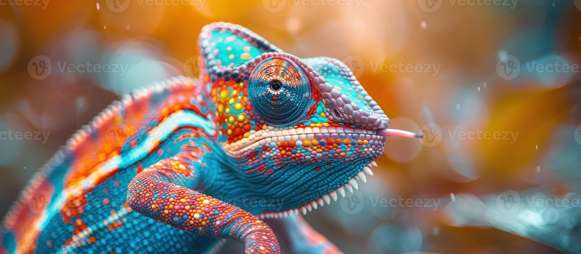 A colorful chameleon is sitting on a branch photo