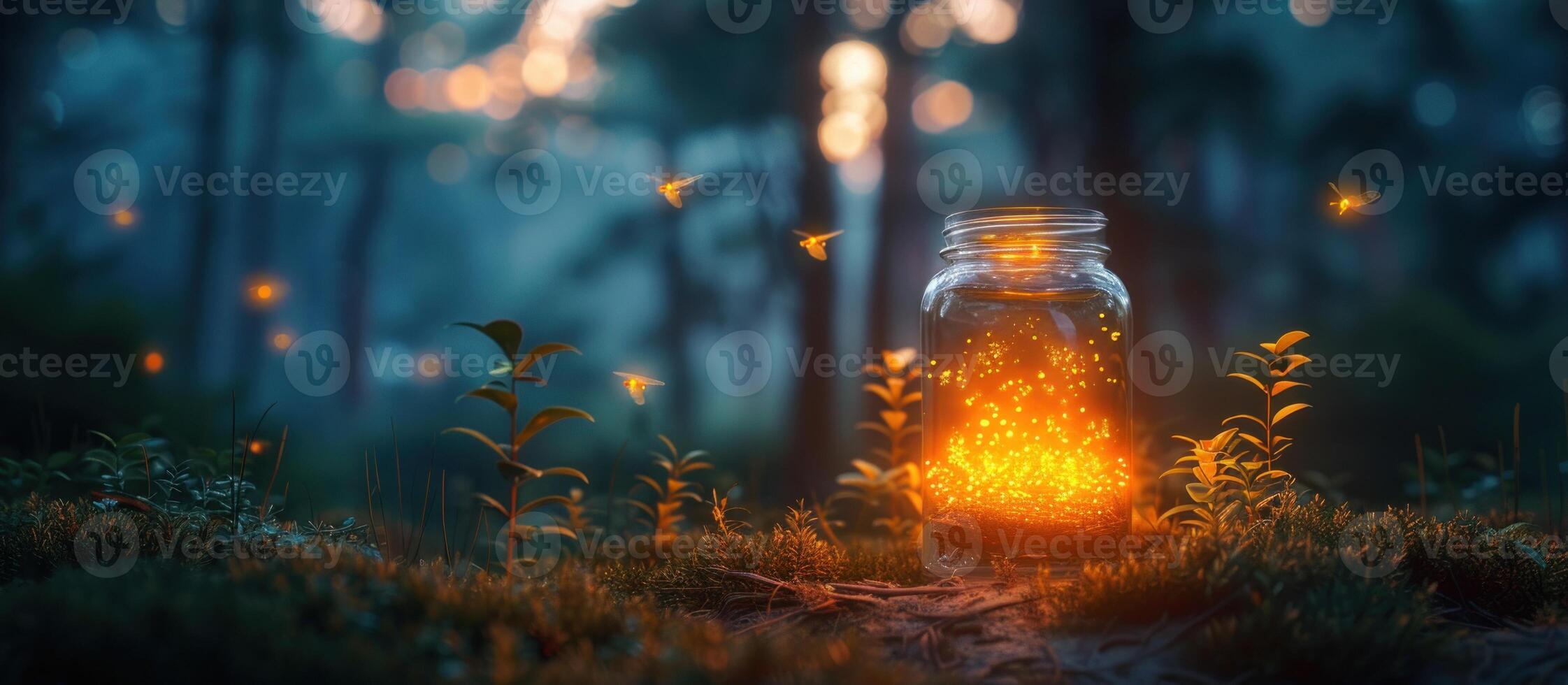 Fireflies in a jar in the forest photo
