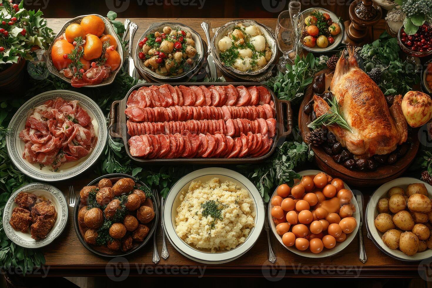 A table laden with a traditional Christmas feast, featuring roast turkey, ham, potatoes, cranberries, and other holiday favorites. photo