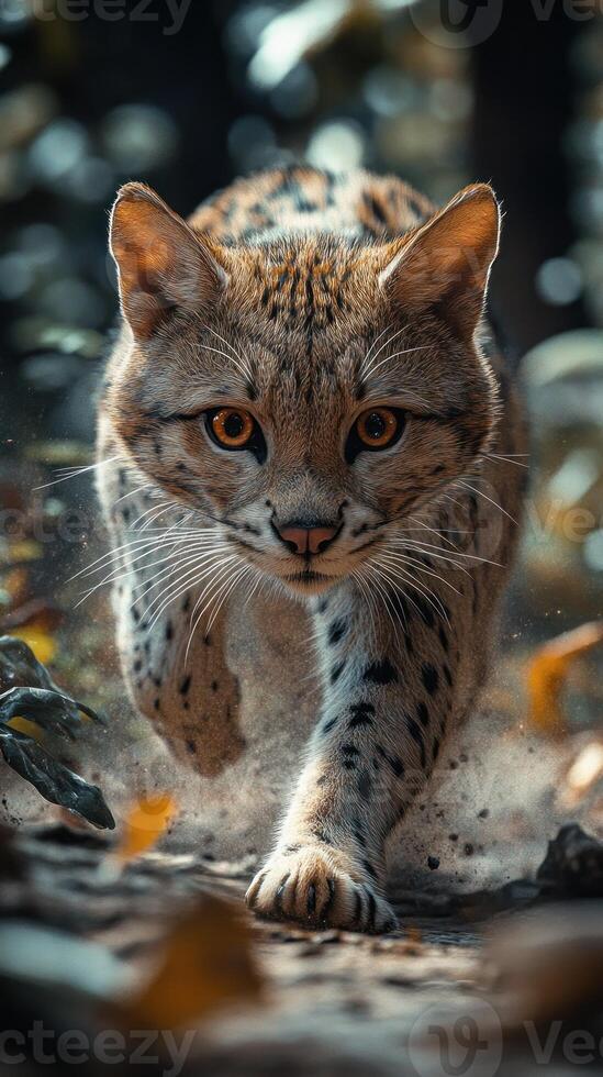 A close-up of a wild cat with a spotted coat, walking towards the camera. The cat has bright yellow eyes and is walking through a forest. photo