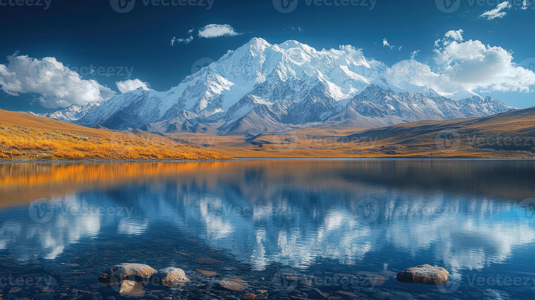 A stunning view of a snow-capped mountain reflected in a calm lake, with golden foliage and blue skies. photo