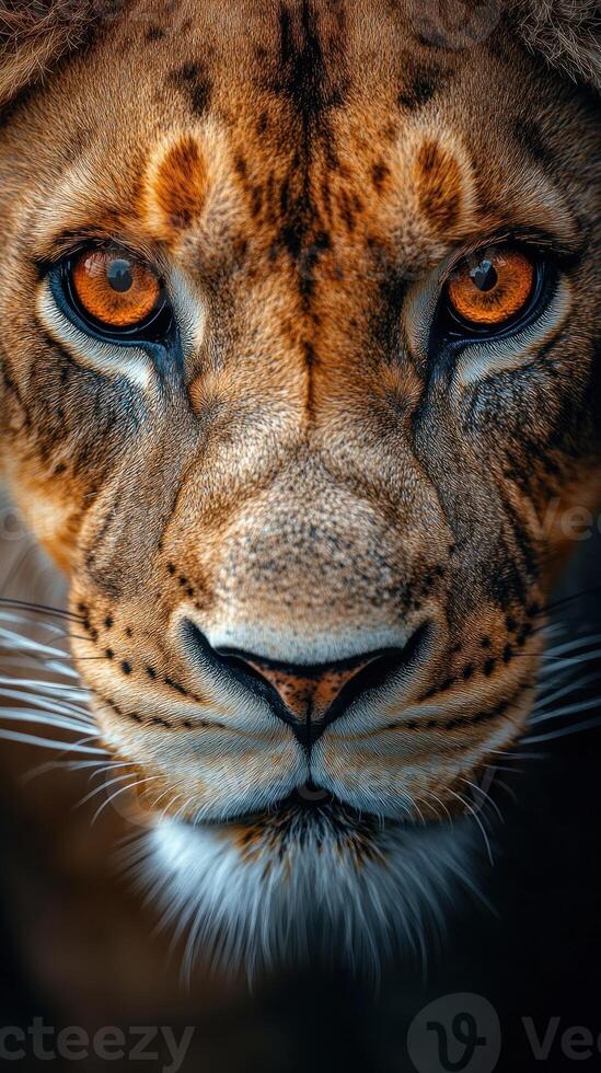 Close-up portrait of a lioness with intense amber eyes looking directly at the camera. photo