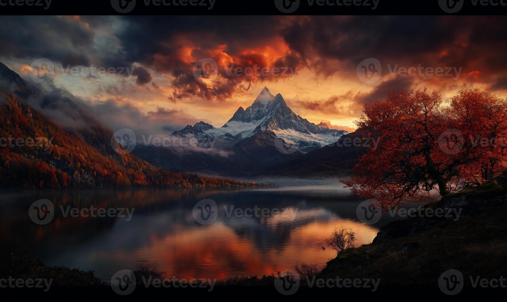 Majestic mountain peak reflected in serene lake at fiery sunset. Autumn colors photo
