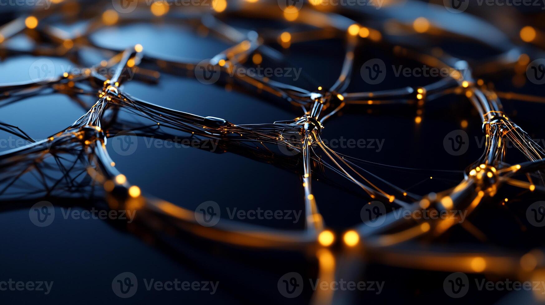 Abstract network of glowing interconnected lines. Intricate, dynamic arrangement of thin filaments with warm light emitting from nodes. High detail photo
