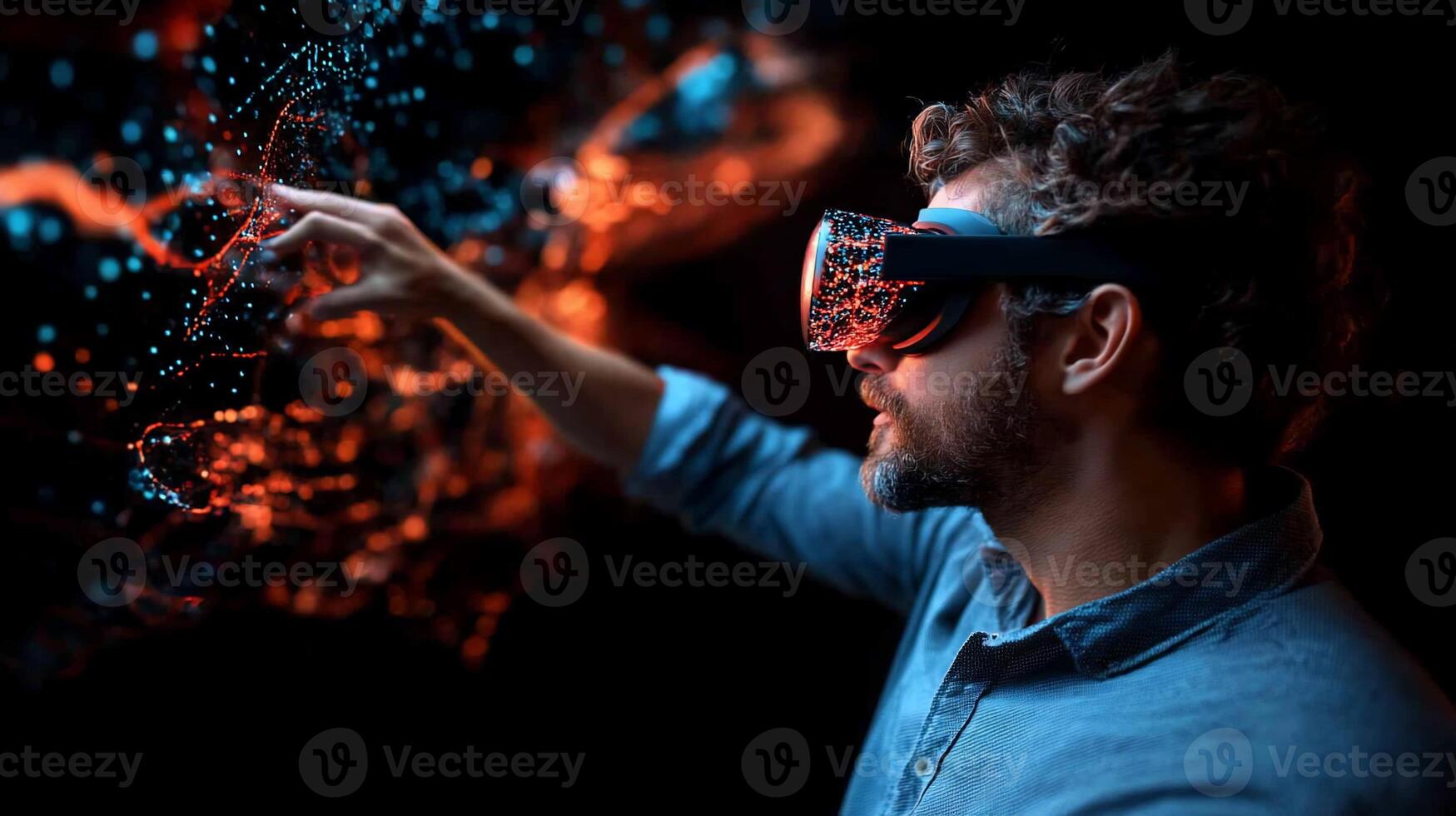 Immersive VR experience. A person interacts with virtual reality photo