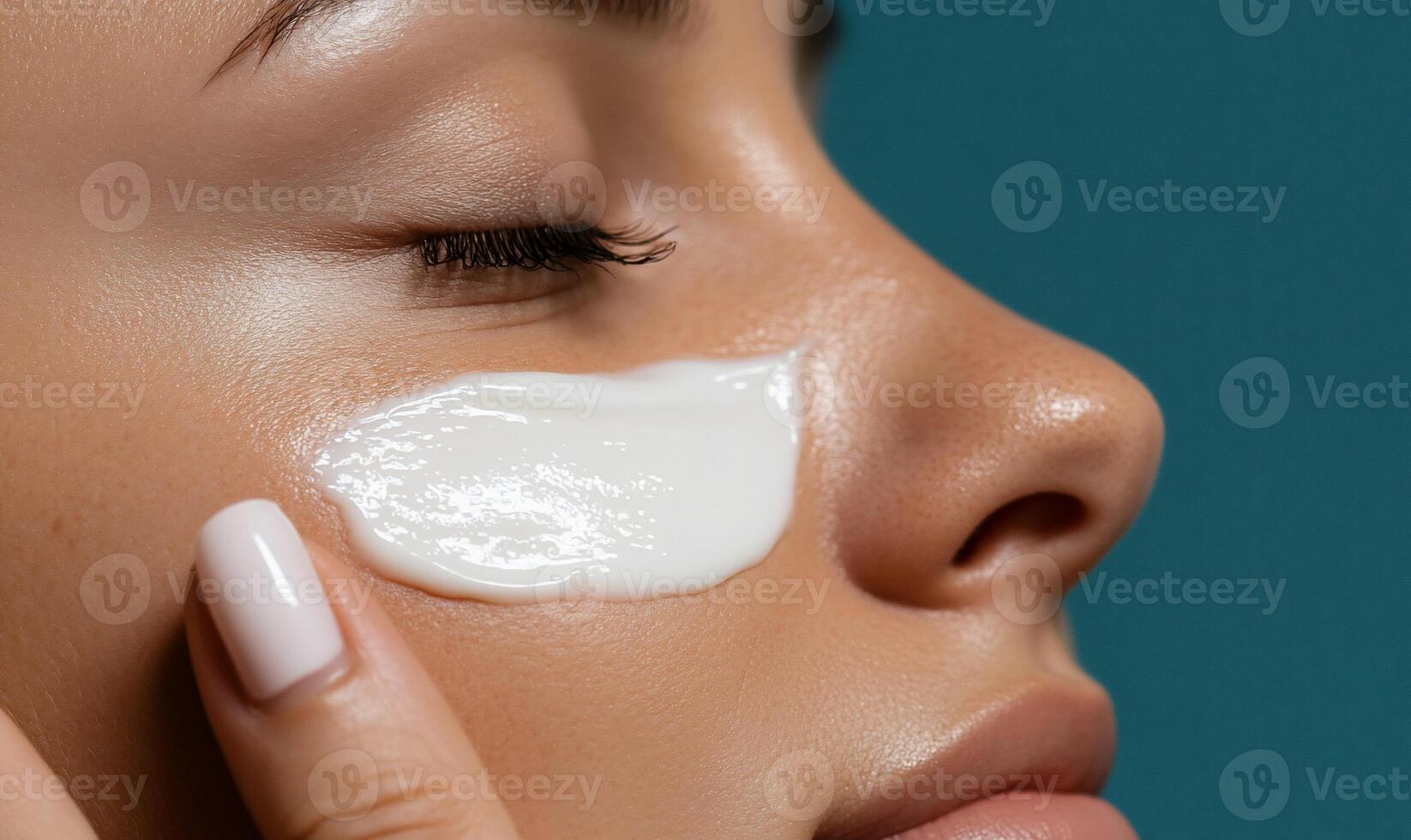 Close-up of woman applying face cream photo