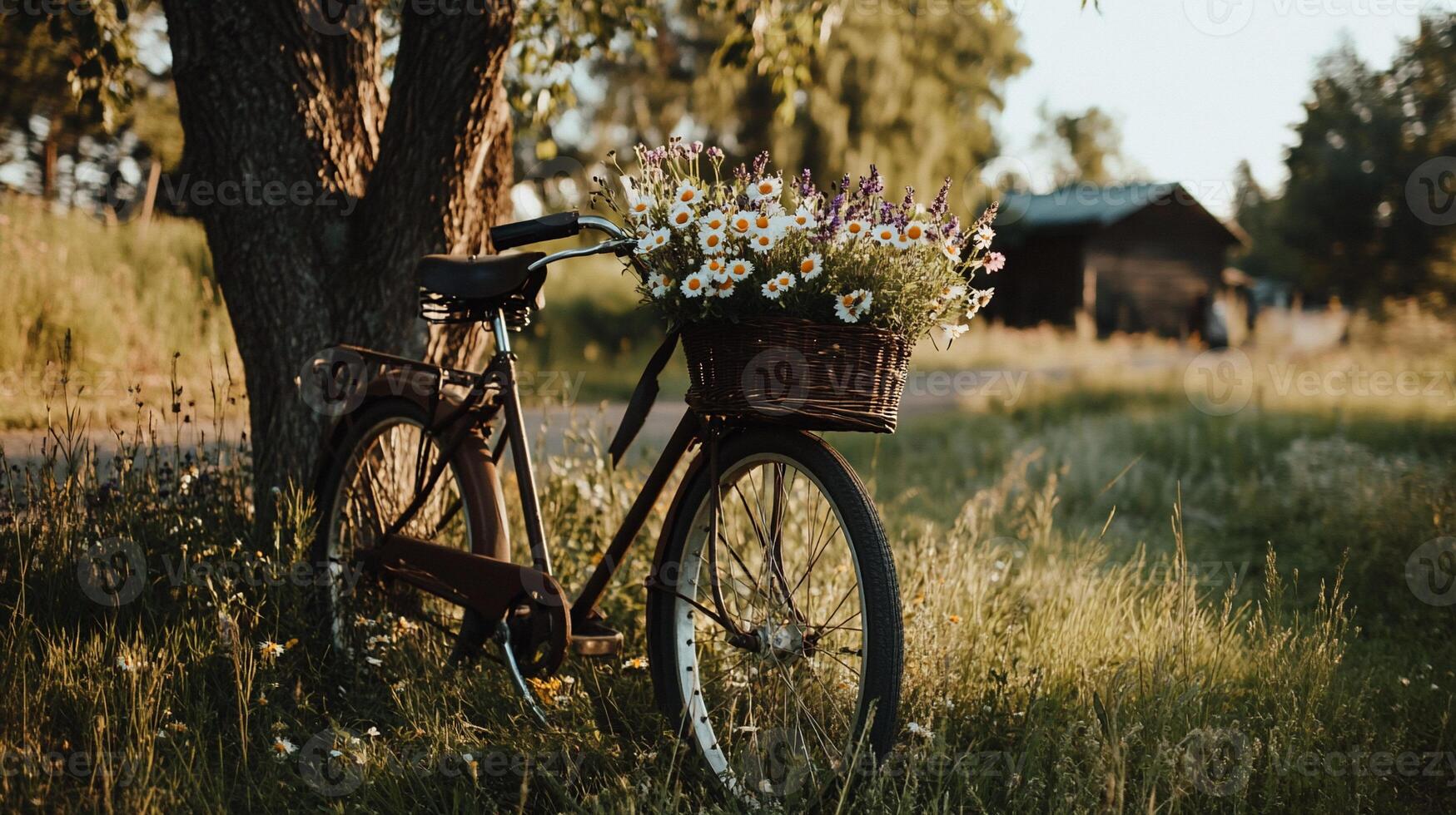 Vintage bicycle with flower basket in a sunny meadow photo