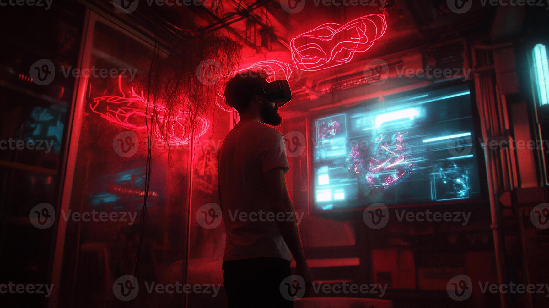 VR experience in a dimly lit, futuristic environment photo