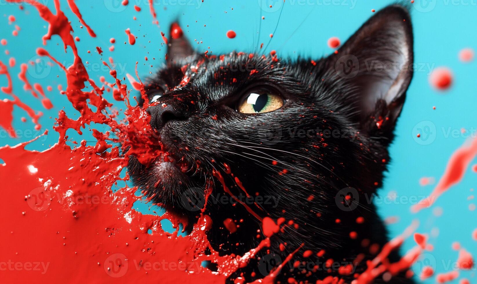 Black cat with red paint explosion photo