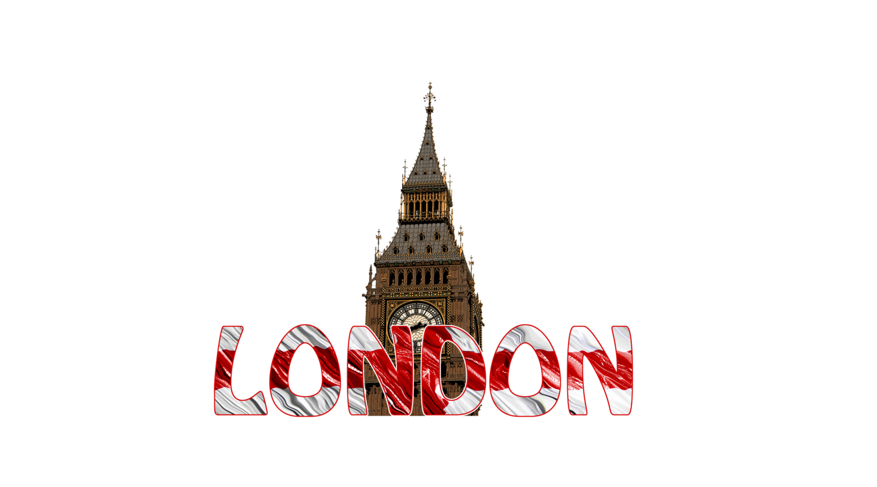 London typography with Big Ben clock tower illustration on top. png