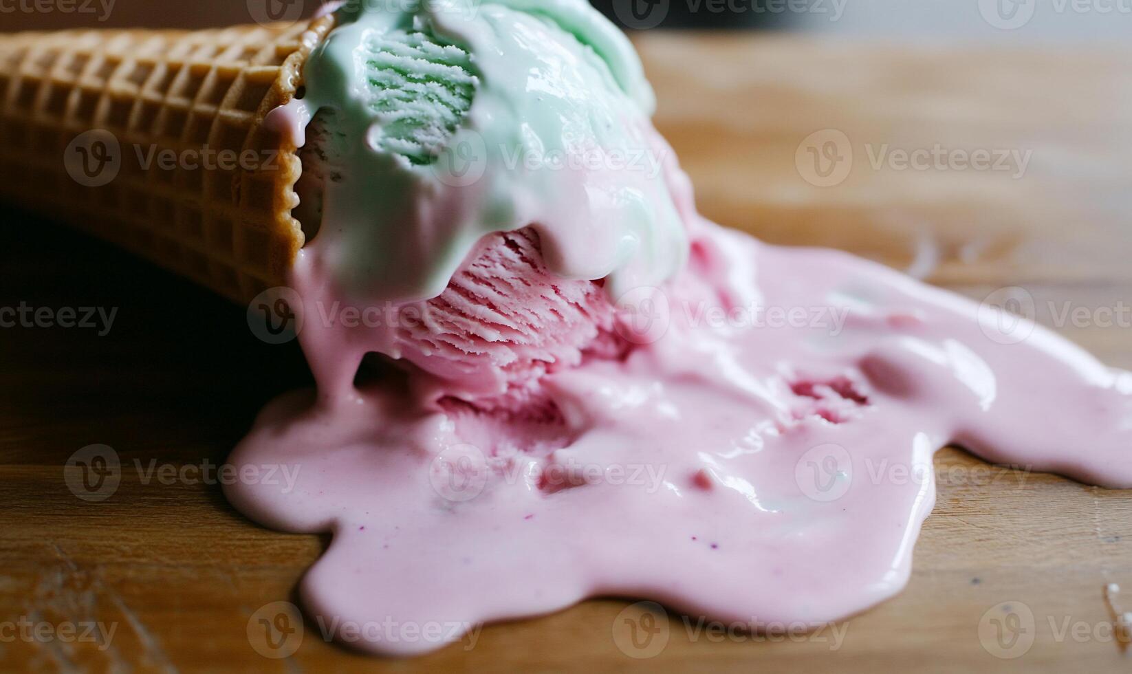 Melted ice cream cone on wooden board photo