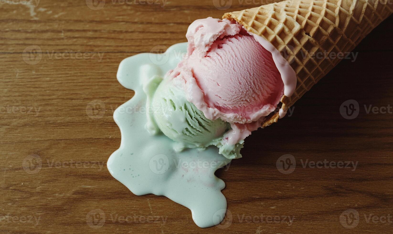 Melted ice cream cone with two scoops photo
