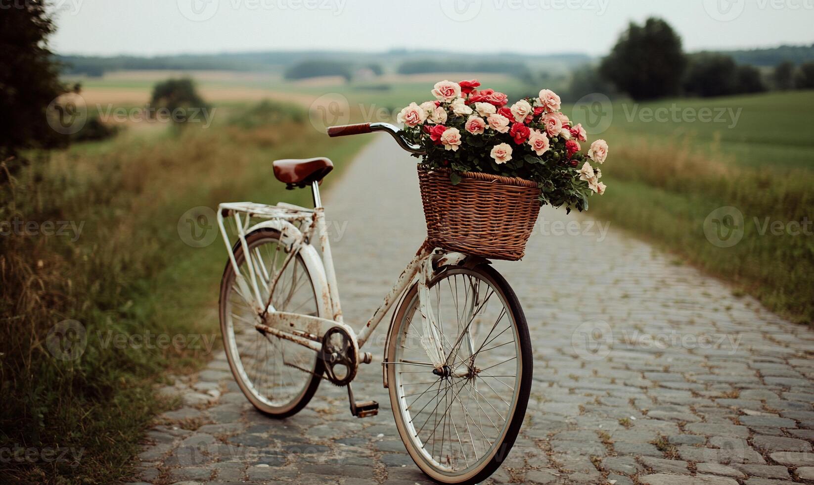 Vintage bicycle with flower basket on a country road photo