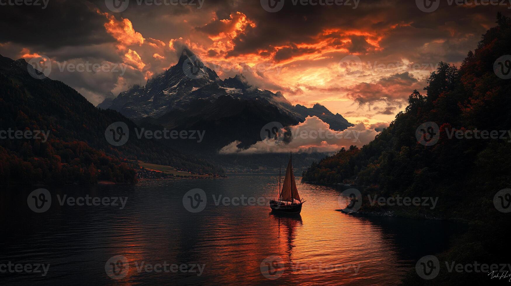 Fiery sunset over alpine lake with sailboat photo