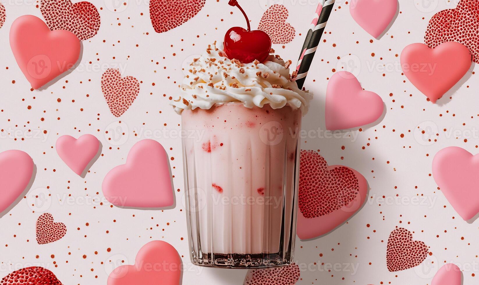 A milkshake with whipped cream and cherries on a pink background photo