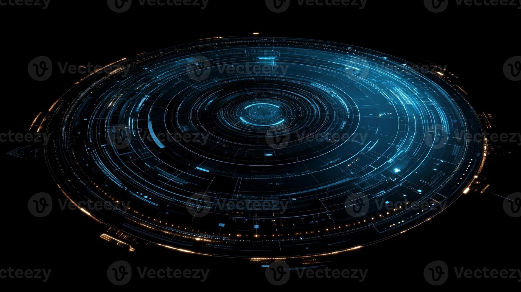 Futuristic circular interface with glowing, layered rings and intricate patterns photo