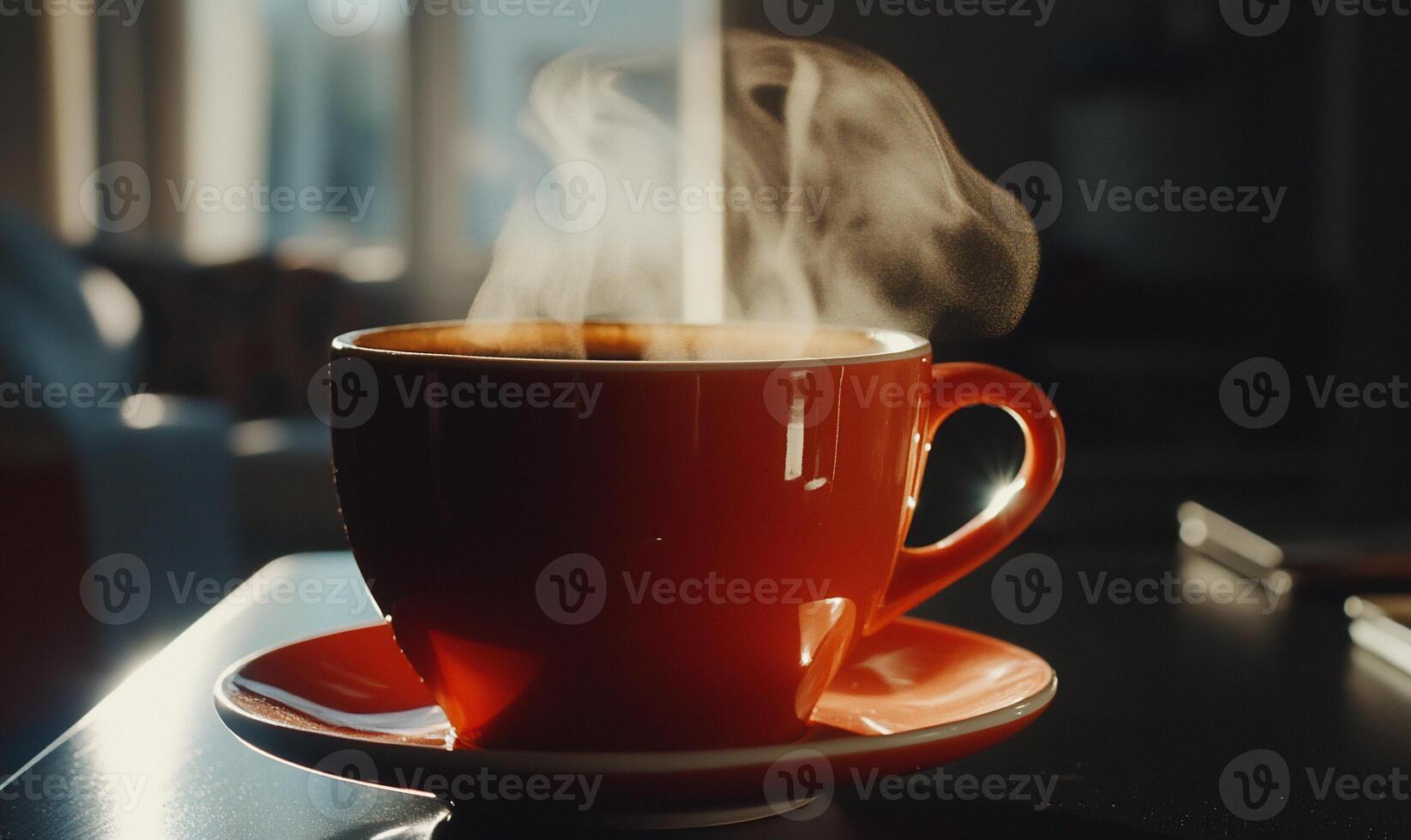 Steam rising from a vibrant orange coffee cup photo